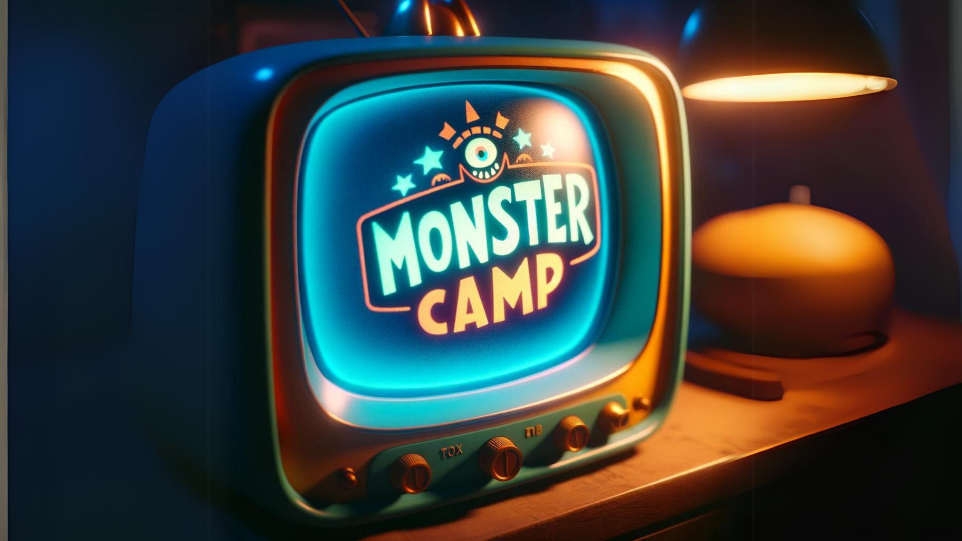 Monster Camp title displayed on a glowing vintage television