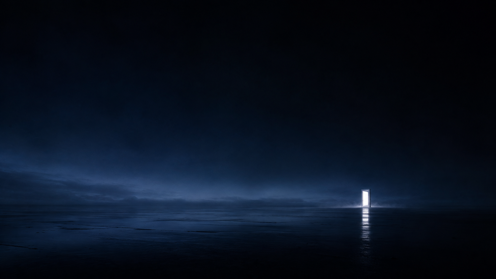 A glowing door stands open over a still dark sea beneath an endless night sky