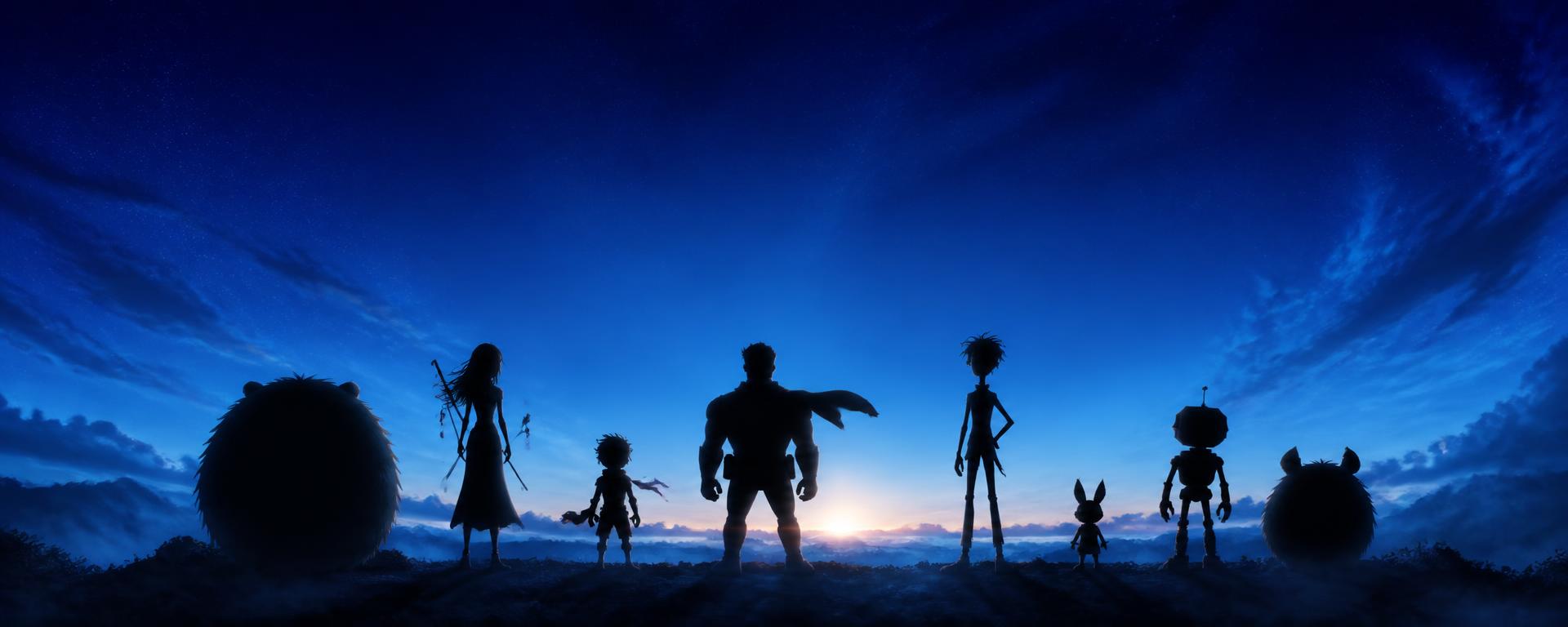 An ensemble of original animated character silhouettes gathered against a blue dawn sky